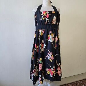 Moulinette Soeurs Size 14 Plus Floral Halter Dress Silk Blend Black Multicolor
